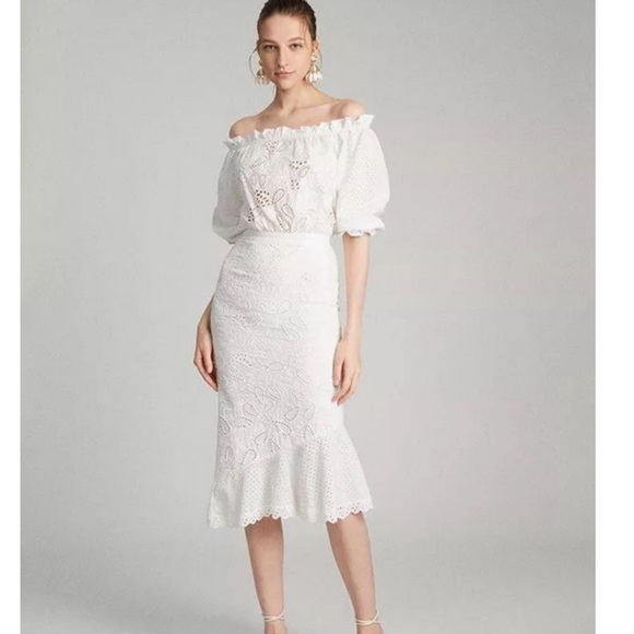 SALONI Dresses & Skirts - Saloni White Eyelet Grace Off the Shoulder Midi Dress NWT